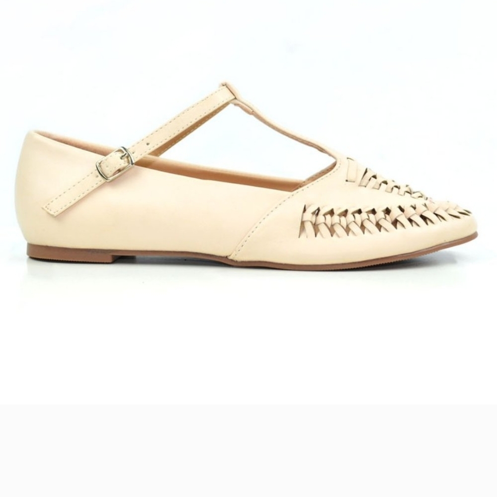 Chase + Chloe Cream Flats with T-Strap and Geometric Design